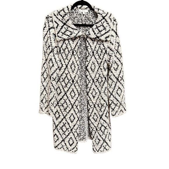 Solitaire by Ravi Khosla Black & White Poocorn Knit Long Open Front Cardigan Siz - Picture 1 of 6